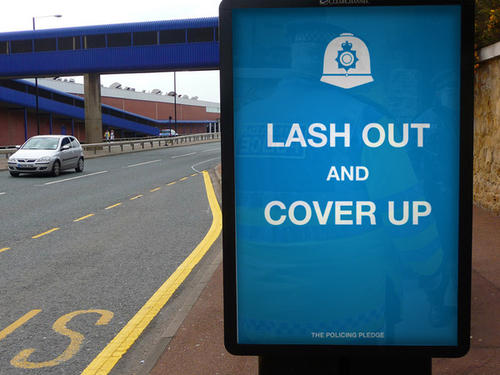 Source Cory Doctorow - He posts, Rex sez, "In light of the recent footage of police behaviour at the G20, I felt it was time to remix the current UK police poster campaign again. Original photo by David Byrne, as posted on BB by Xeni." 